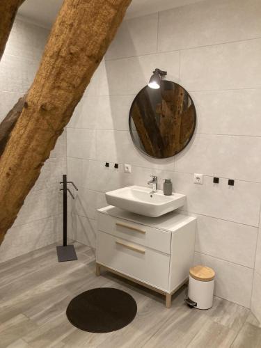 a bathroom with a sink and a mirror at Bauernhof-Steffens in Tating