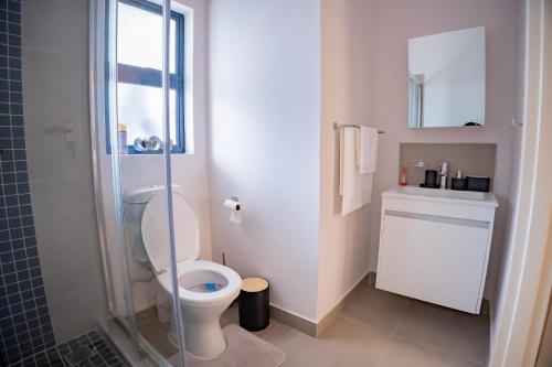 a bathroom with a toilet and a glass shower at Lerako Apartment in Gaborone