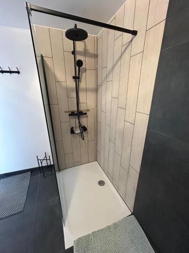 a shower with a glass door in a room at Steves place Temse in Sint-Niklaas