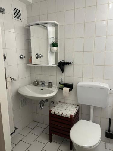 a white bathroom with a toilet and a sink at Domblick Apartment in Aachen