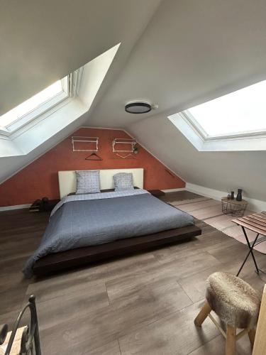 a bedroom with a bed in a attic with skylights at Steves place Temse in Sint-Niklaas