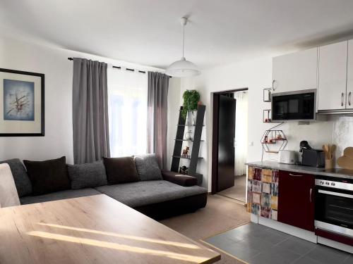 a living room with a couch and a kitchen at Alpenresidenz Viktoria in Türnitz