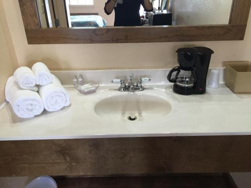 a bathroom sink with towels on top of it at Gators Inn on the Bayou in Larose