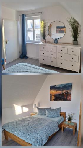a bedroom with a bed and a dresser at Wohnung Sonnenschein Wolgast in Wolgast