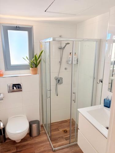 a bathroom with a shower and a toilet and a sink at ERA home boutique in Eilat
