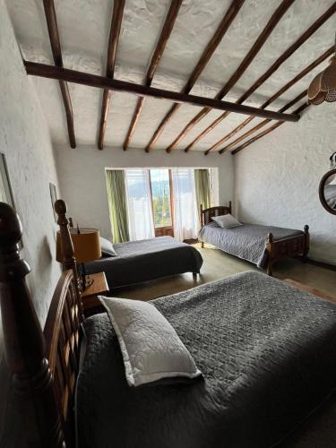 a bedroom with two beds and a large window at Hotel Puntalarga PGB in Nobsa