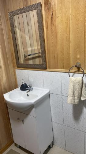 a bathroom with a white sink and a mirror at Cabañas lugar de Refugio in Queilén