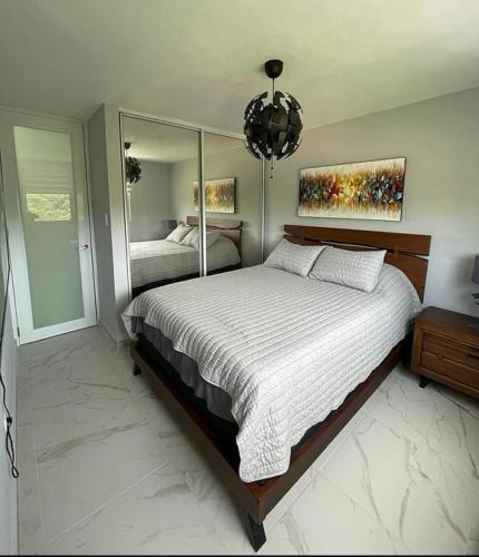 a bedroom with a bed and a large mirror at Luxury Apartment- 3 Bedrooms in Ceiba