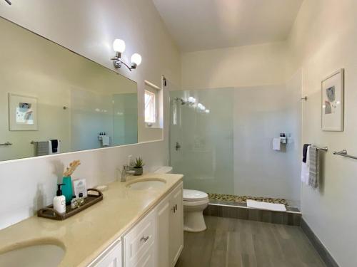 a bathroom with a sink and a toilet and a mirror at Lockrum Point Villa - Upscale Ocean Front, Pool with Gazebo in South Hill Village