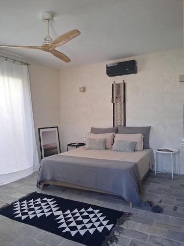 een slaapkamer met een groot bed en een plafondventilator bij CasaEole B&B in El Haouaria