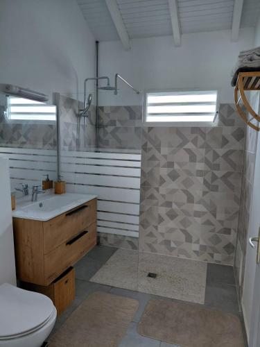 a bathroom with a shower and a toilet and a sink at Villa de charmes in Capesterre