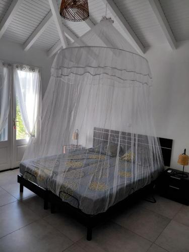 a bedroom with a bed with a mosquito net at Villa de charmes in Capesterre