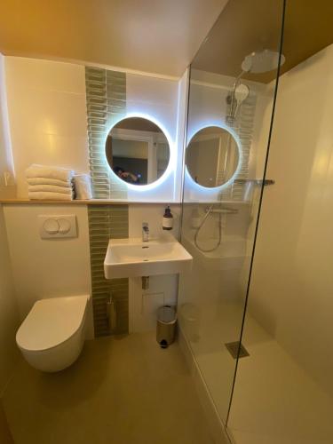 a bathroom with a toilet and a sink and a mirror at Green Hôtels Poitiers in Poitiers