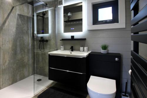 a bathroom with a toilet and a sink and a shower at Connemara luxury log out in Camus Eighter