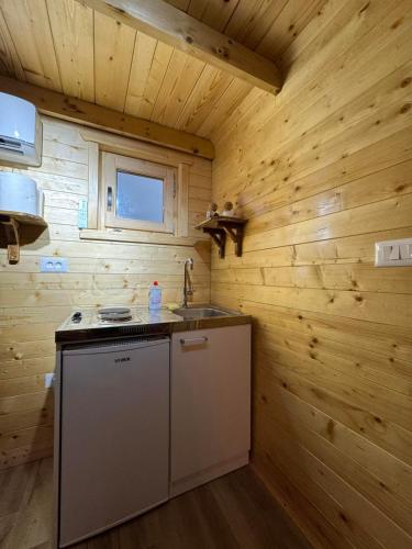 a kitchen with a stove and a sink in a cabin at Summit chalets TL in Žabljak