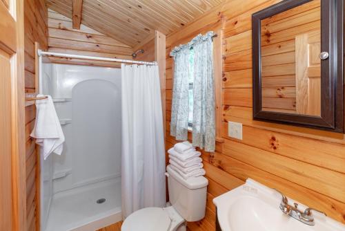 a bathroom with a toilet and a shower and a sink at Sun Outdoors Association Island in Henderson Harbor