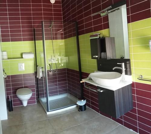 a bathroom with a sink and a shower and a toilet at Palais Cathare in Bélesta