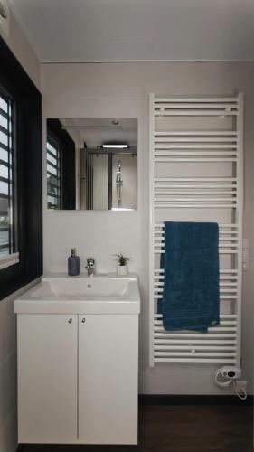 a bathroom with a white sink and a blue towel at Wasservilla freiZeit Usedom in Peenemünde