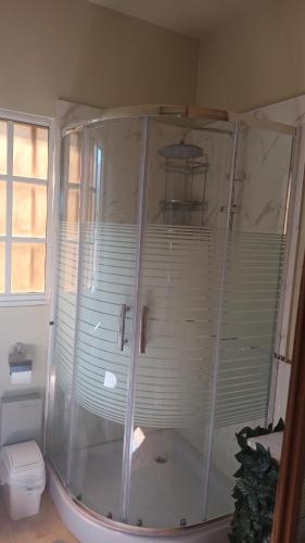 a glass shower in a bathroom with a toilet at Habitación Taina in Jarabacoa