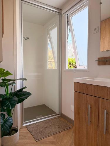a bathroom with a shower with a mirror at Eden Cottages - Premium Cottage avec Piscine in Antibes
