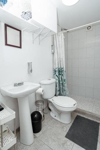 a white bathroom with a toilet and a sink at Departamento Palmito in La Paz