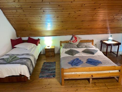two beds in a room with wooden walls at Casa Dalia 2 in Sighişoara