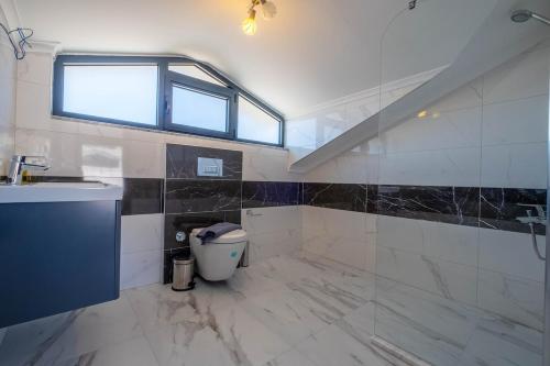 a bathroom with a toilet and a sink and a window at Villa Olivin in Fethiye