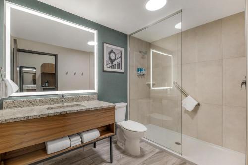 a bathroom with a sink and a toilet and a shower at Drury Plaza Hotel Lincoln Downtown in Lincoln