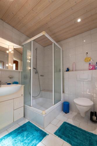 a bathroom with a shower and a sink and a toilet at Alpenwohnung "Zum Schorschi" mit Bergblick I voll ausgestattet I ruhige Lage in Oberammergau