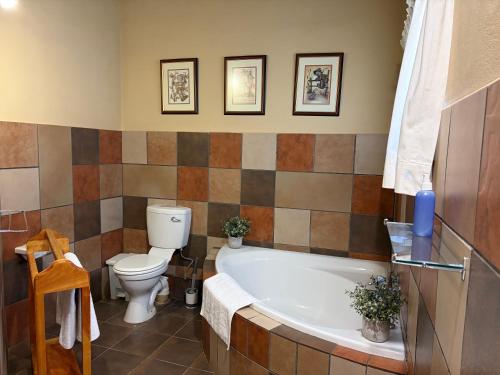 a bathroom with a toilet and a bath tub at SETLHARE GUEST LODGE in Ganyesa