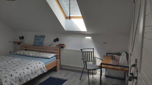 a bedroom with a bed and a desk with a chair at Rooms GRIZZLY in Slunj