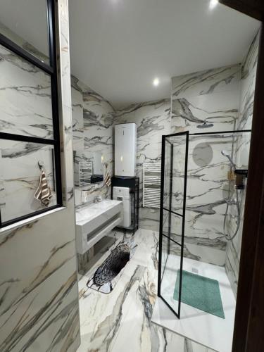 a bathroom with marble walls and a shower at HOME 102 Cosy in Lons-le-Saunier