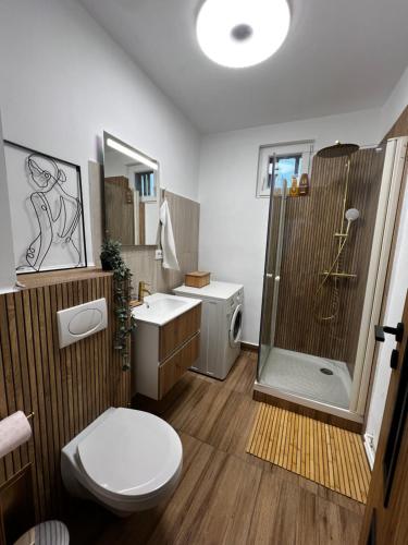 a bathroom with a toilet a sink and a shower at Apartament Atrium Gara Afi in Arad