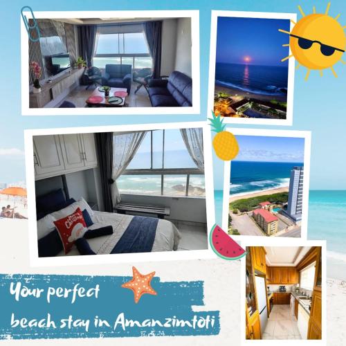 a collage of photos of a beach sign in an apartment at Sea facing apartment 1703 on High Tide Amanzimtoti in Amanzimtoti