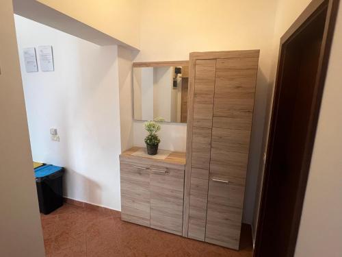 a bathroom with a wooden cabinet with a sink at Apartment Vesna in Veleniki