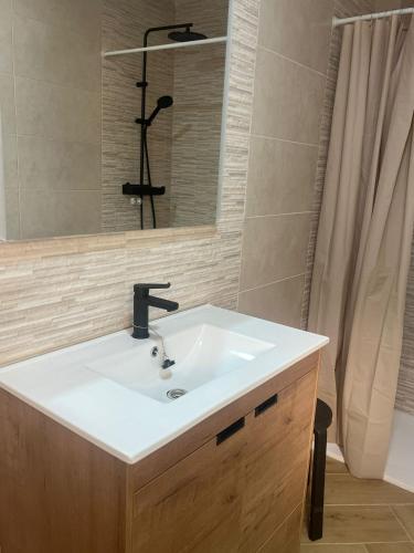 a bathroom with a sink and a shower at Apartamento Villuercas in Cañamero