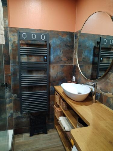 ein Badezimmer mit Waschbecken und Spiegel in der Unterkunft Le3cent85 in Saint-Germain-Laval