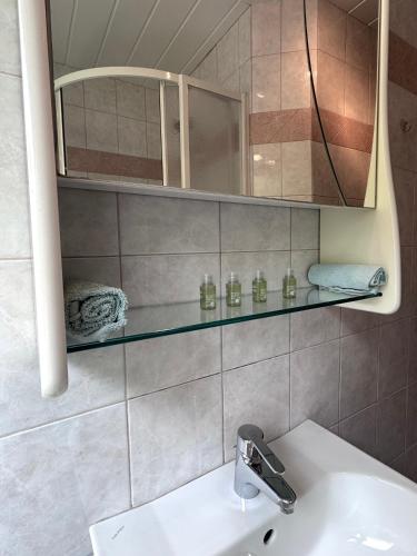 a bathroom with a sink and a mirror at Fewos Wuzella Faaker See in Latschach