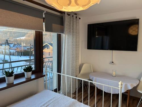 a bedroom with a bed and a large window at Kwatery u Marysi in Szczyrk