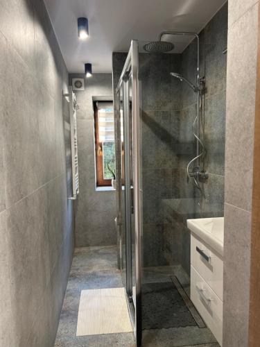 a bathroom with a shower and a sink at Kwatery u Marysi in Szczyrk
