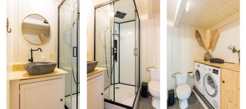 two pictures of a bathroom with a toilet and a sink at farmhouse in Wijdewormer
