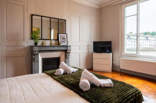 a bedroom with a fireplace and a bed with pillows at L'Haussmannien - Hyper centre-ville Evreux in Évreux