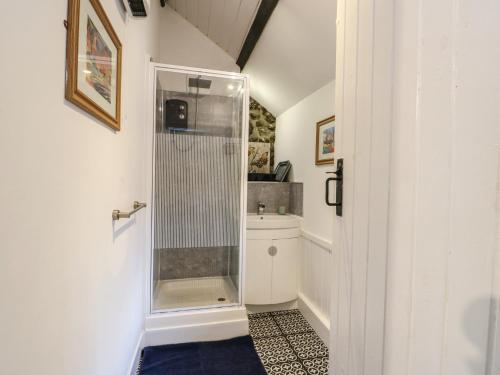 a bathroom with a shower and a sink at Fullers Studio in Holyhead