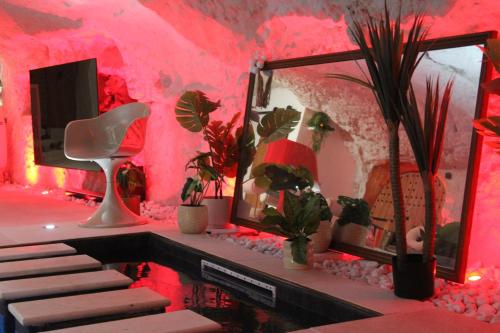 a room with pink walls and a mirror and plants at L alcove des Sens Love Room Jacuzzi sauna in Tours