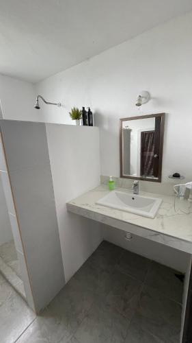 ein weißes Badezimmer mit Waschbecken und Spiegel in der Unterkunft Mi Refugio Dive House in Cozumel