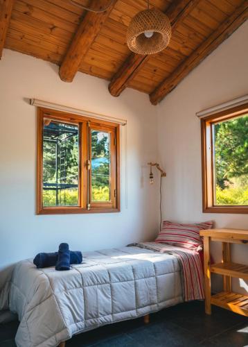 a bedroom with a bed and two windows at Cabure in Epuyén