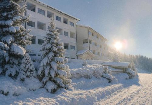 a building with snow covered trees in front of it at Grifone Dolomiti Residences in Arabba