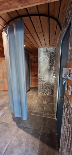 a bathroom with a shower with blue curtains in it at La Ferme des Cherrieres - Piscine Intérieure Chauffée in Rupt-sur-Moselle