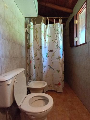 a bathroom with a toilet and a shower curtain at Cabaña de troncos en Nono, Córdoba in Nono