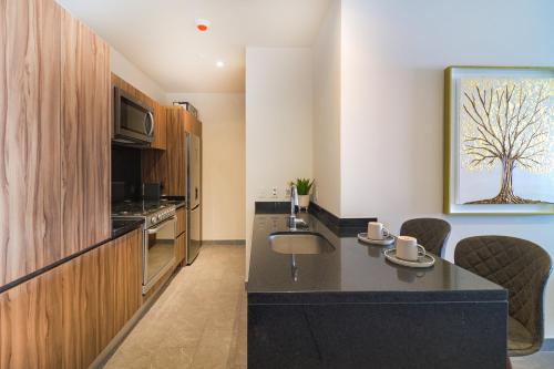 a kitchen with a sink and a counter top at Luxury Apartment on Reforma in Mexico City